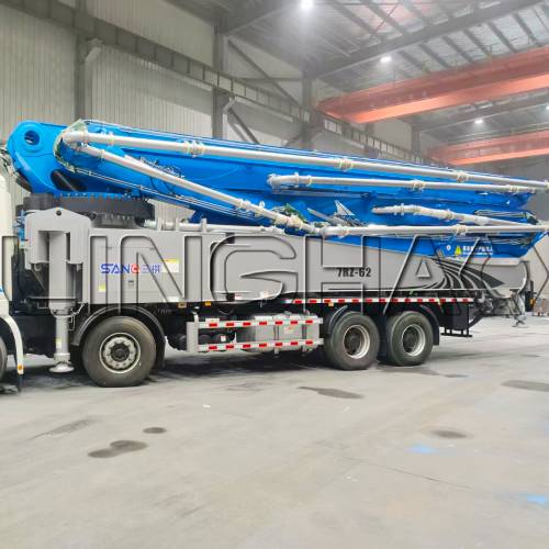 Boom pump truck with extended arm for high-rise concrete pouring